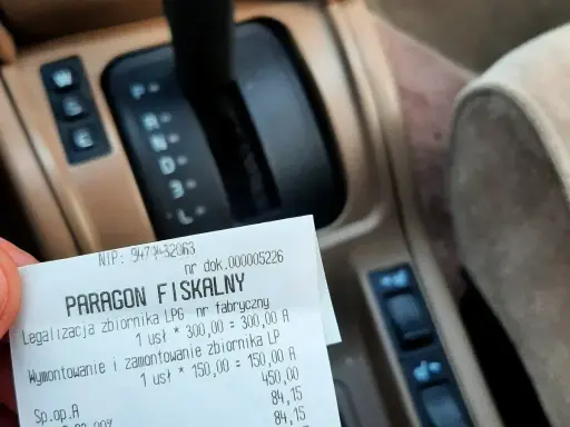 Paragon za legalizację i montaż zbiornika LPG. Przegląd auta z lpg zakończony sukcesem.
