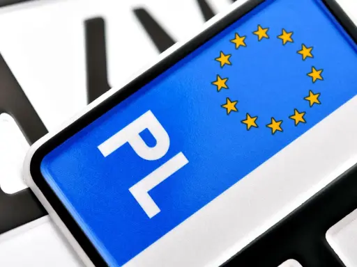 Zbliżenie na polską tablicę rejestracyjną z symbolem UE. Litery "PL" są wyraźne, ale reszta numeru jest nieczytelna tablica rejestracyjna.