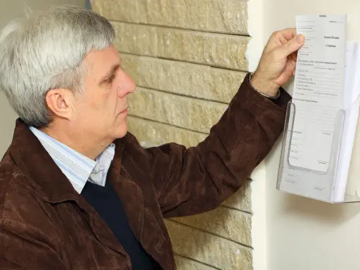 Mężczyzna z siwymi włosami pobiera z uchwytu wzór wypełnionego wniosku o rejestrację pojazdu.