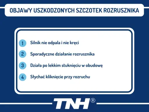 Objawy uszkodzonych szczotek rozrusznika: silnik nie odpala, sporadyczne działanie, działa po stuknięciu, słychać kliknięcie.