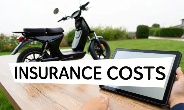 Czarny skuter elektryczny na tle zieleni. Na tablecie napis "INSURANCE COSTS". Sprawdź ubezpieczenie skutera elektrycznego.
