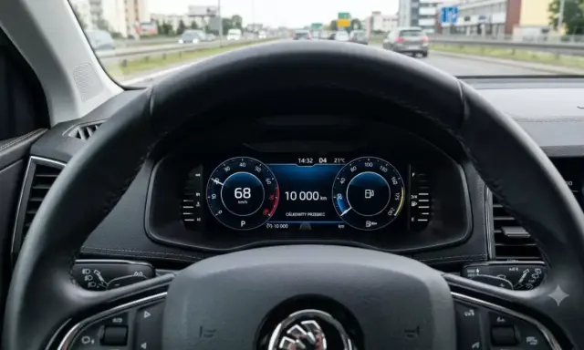 Widok z kabiny samochodu, na desce rozdzielczej widoczny przebieg 10 000 km. To może być średni roczny przebieg samochodu w Polsce.