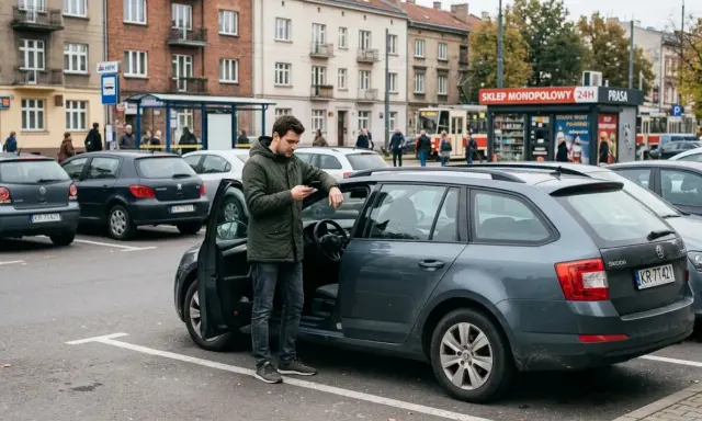 Mężczyzna przy samochodzie sprawdza telefon. UFG identyfikacja OC jest ważna dla każdego kierowcy.