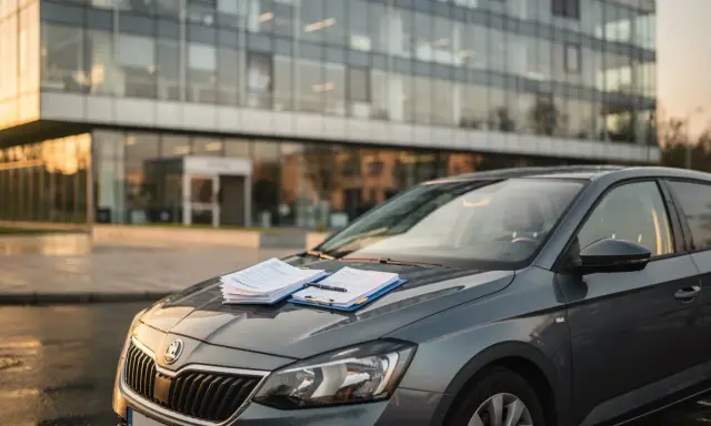 Szara Skoda na tle nowoczesnego biurowca. Na masce leżą dokumenty i długopis, gotowe do podpisania umowy OC na 30 dni.