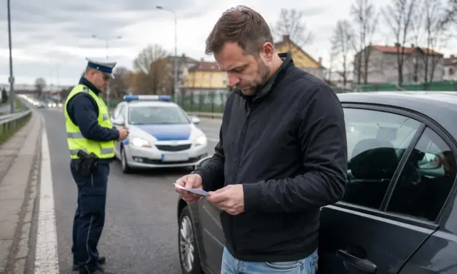 Mężczyzna czyta dokument, gdy policjant stoi obok radiowozu. Może to być związane z tym, jak odzyskać prawo jazdy zabrane na 3 miesiące.
