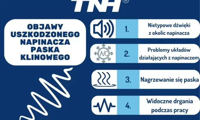 Objawy uszkodzonego napinacza paska klinowego: nietypowe dźwięki, problemy z układami, nagrzewanie się paska, drgania. Wymiana paska klinowego może być konieczna.