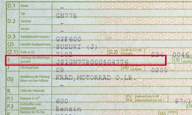 Numer VIN pojazdu Suzuki GSF600, czyli kfz brief nr gdzie jest, to JSIGN77B000504776.