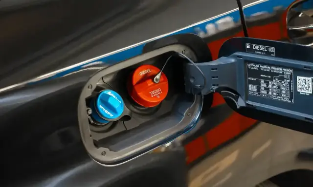 Po dolaniu AdBlue kontrolka nie gaśnie. Widoczne są korki wlewu paliwa: niebieski AdBlue i pomarańczowy Diesel.