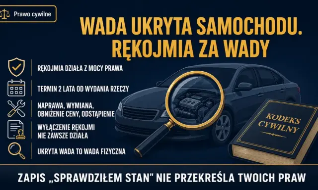 Wada ukryta samochodu. Rękojmia za wady działa z mocy prawa przez 2 lata. Naprawa, wymiana, obniżenie ceny lub odstąpienie od umowy.