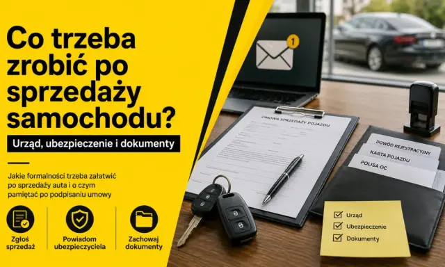 Formalności po sprzedaży samochodu: zgłoszenie sprzedaży, powiadomienie ubezpieczyciela i zachowanie dokumentów. Na biurku umowa, kluczyki, pieczątka i teczka z dokumentami.