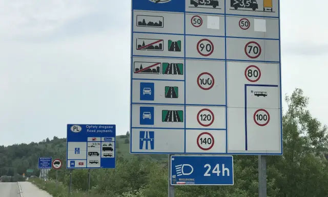 Znaki drogowe w Polsce informują o opłatach i ograniczeniach prędkości na drogach. Widać tu znaki z limitami 50, 70, 80, 90, 100, 120 i 140 km/h.