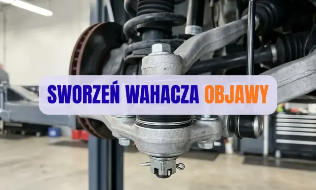 Widok na zawieszenie samochodu z widocznym sworzniem wahacza. Wymiana sworznia wahacza może być konieczna, gdy pojawią się niepokojące objawy.