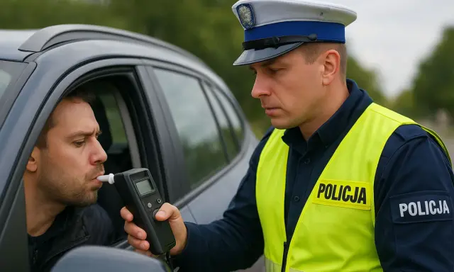 Policjant bada trzeźwość kierowcy alkomatem. Powyżej 0,5 promila jaka kara grozi za jazdę pod wpływem alkoholu.
