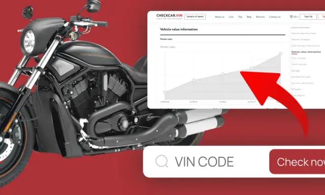 Czarny motocykl Harley-Davidson obok strony z informacjami o wartości pojazdu i polem na wpisanie numeru VIN. Sprawdź wartość swojego motocykla!