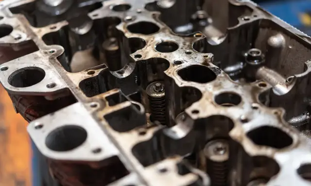 Metalowa głowica silnika po regeneracji, widoczne zawory i sprężyny.