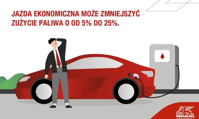 Mężczyzna przy czerwonym samochodzie na stacji paliw. Ekonomiczna jazda samochodem to oszczędność paliwa. Logo Generali.