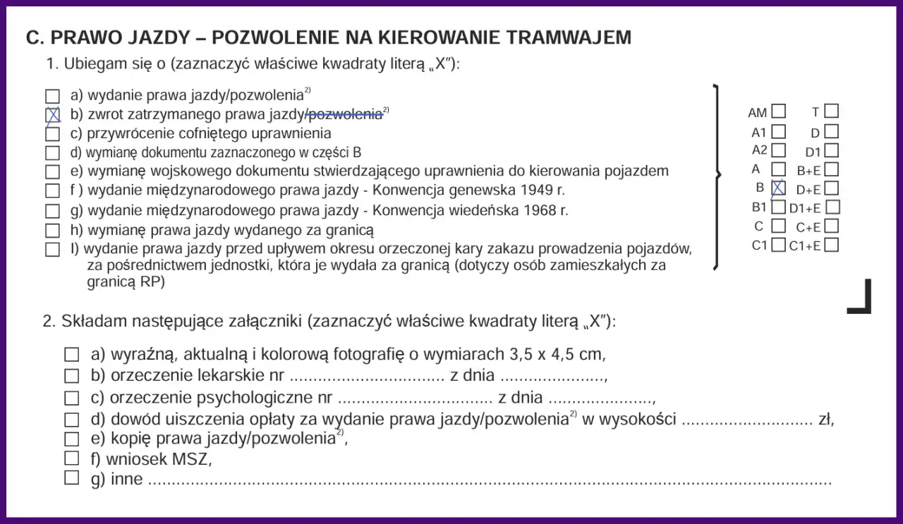 Formularz wniosku o zwrot zatrzymanego prawa jazdy po 3 miesiącach. Zaznaczono opcję 