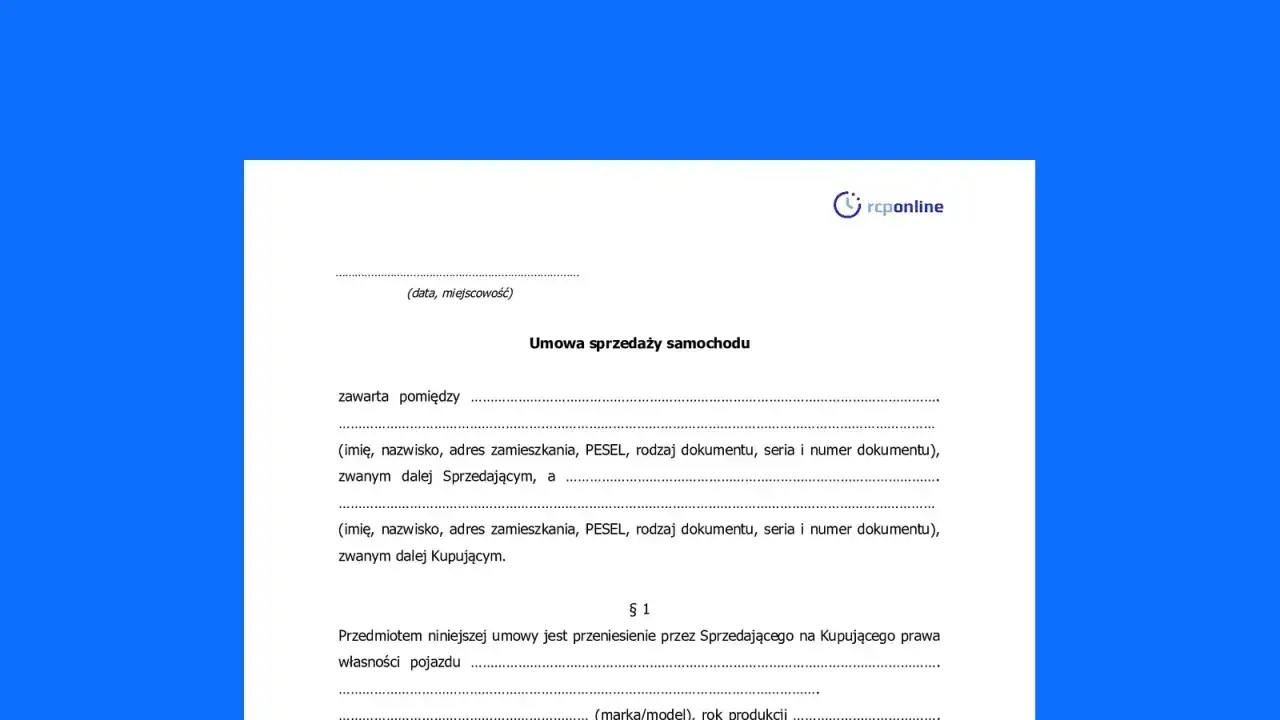 Formularz umowy sprzedaży samochodu, zawierający dane sprzedającego i kupującego.