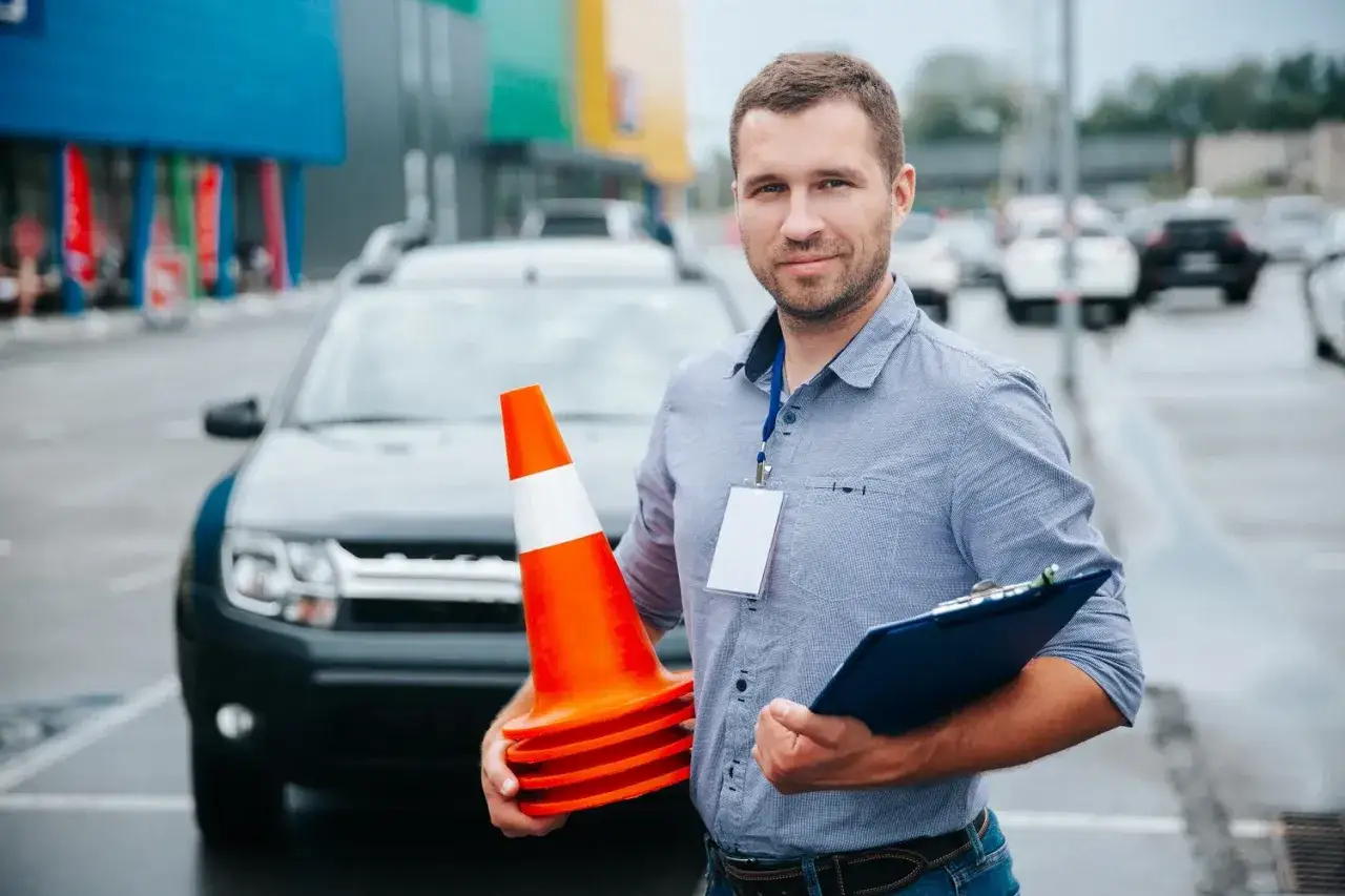 Mężczyzna z pachołkami i teczką, gotowy pokazać, jak zostać instruktorem jazdy.