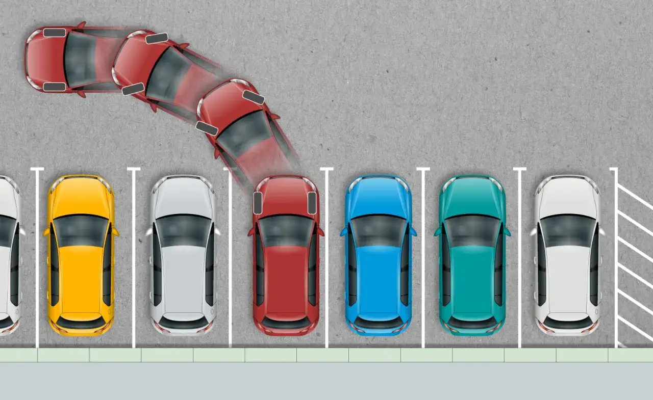 Ilustracja pokazuje sekwencję manewr&oacute;w parkowania r&oacute;wnoległego tyłem. Czerwony samoch&oacute;d wjeżdża na miejsce parkingowe.