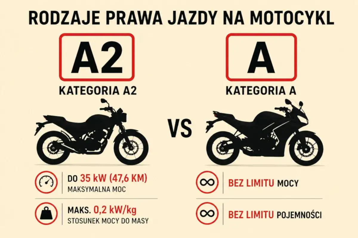 Jakie prawo jazdy na motor 1000cc? Kategoria A pozwala na jazdę bez limitu mocy i pojemności, w przeciwieństwie do A2 (do 35 kW).