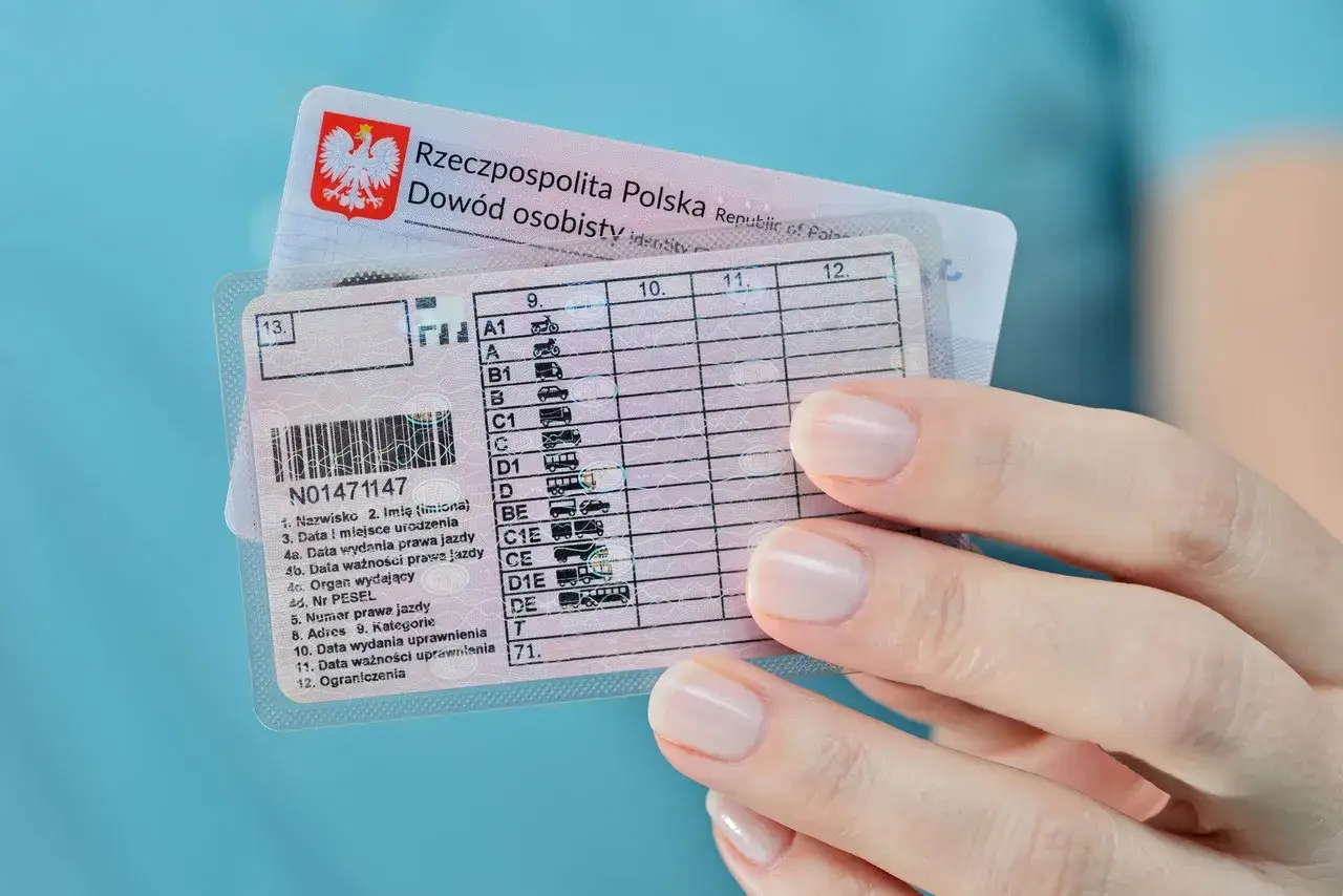 Polskie prawo jazdy z widocznymi kategoriami pojazd&oacute;w, od A1 po T.
